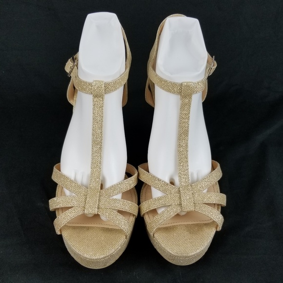 High Heel Wedge Strappy Gold Glitter 11 M EG38 - Picture 2 of 8